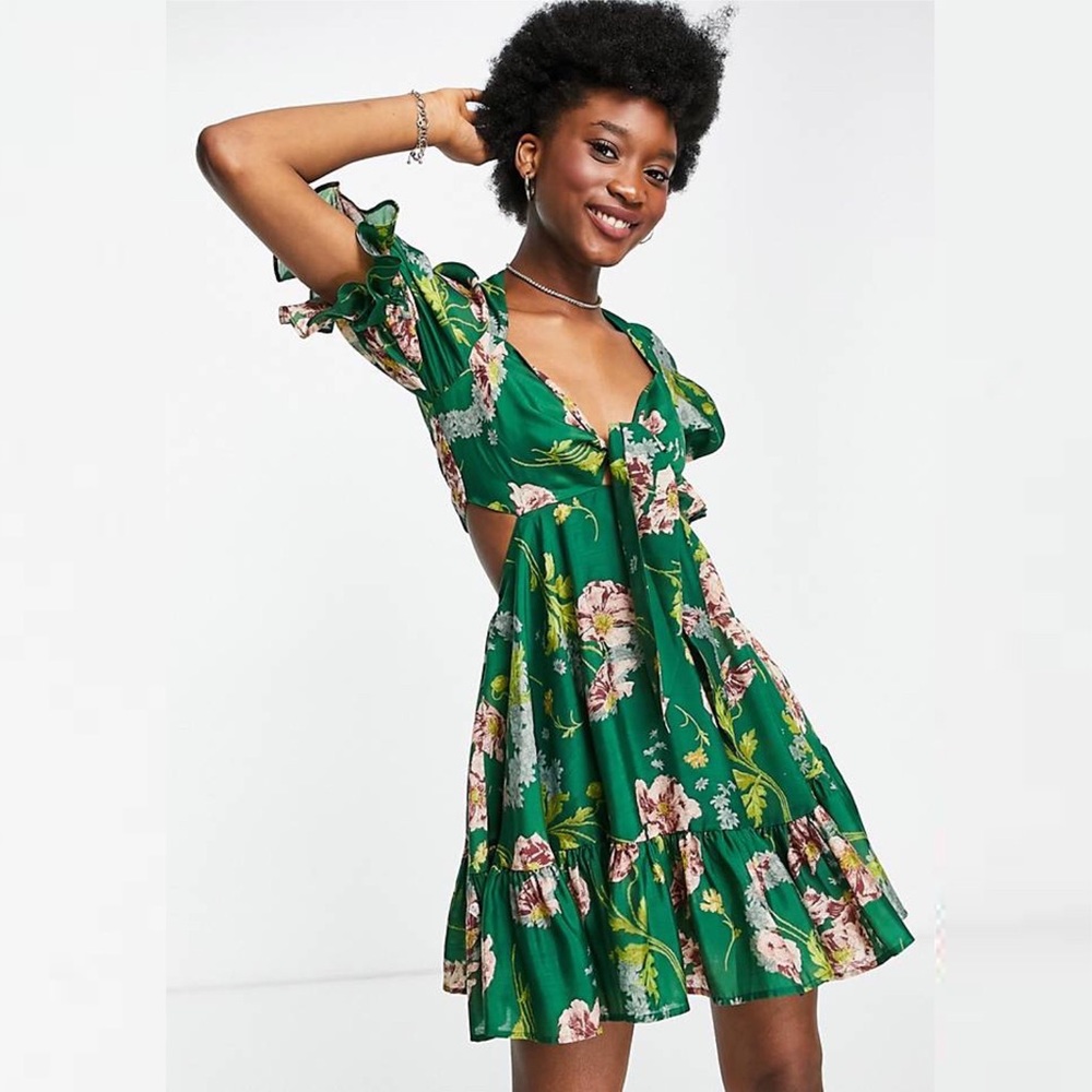 ASOS Tie Front Mini Dress in Textured Voile Art Nouveau Green Floral Size 10